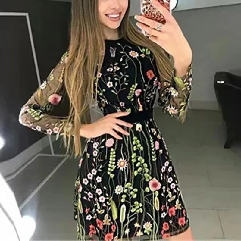 New Floral Embroidered Party Dress Women Autumn Elegant Mesh Sleeve O Neck Casual Mini Dresses For Women Vestidos New Floral Embroidered Party Dress Women Autumn Elegant Mesh Sleeve O Neck Casual Mini Dresses For Women Vestidos